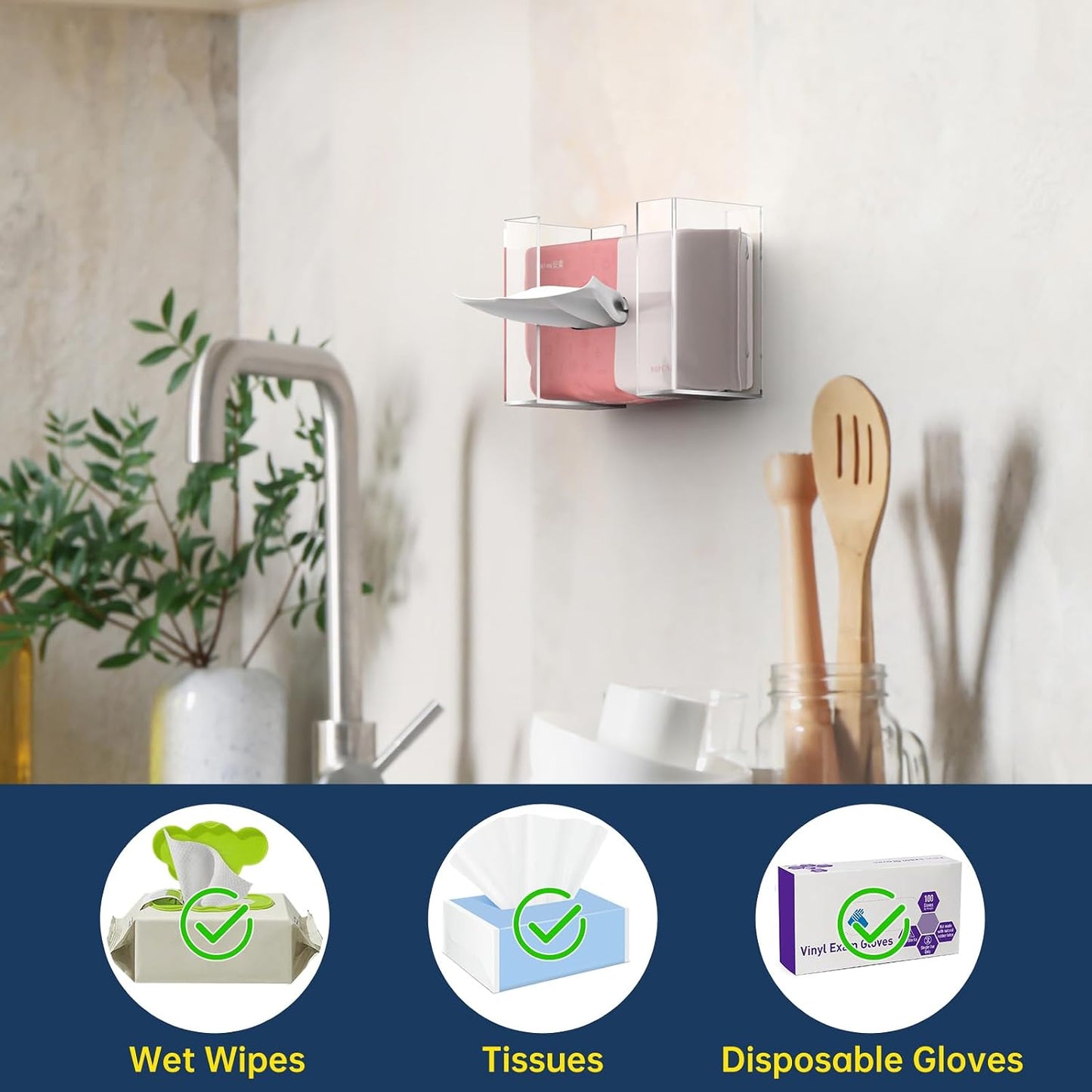 NiHome 2-Tier Clear Acrylic Glove & Tissue Box Holder Dispenser, Wall Mount | Space-Saving Glove Box Dispenser, Adjustable Organizer for Tissues, Baby Wipes, Adhesive or Screw Mount for Kitchen, Bathroom