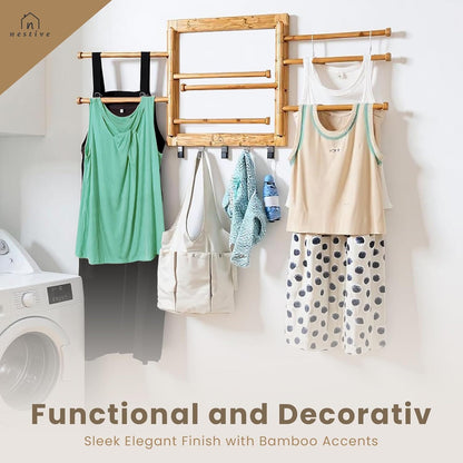 Bamboo Wall Mount Drying Rack for Laundry – Collapsible Foldable Clothes Dryer with 8 Arms & 5 Hooks, Space-Saving Laundry Hanger Dryer Rack, 20 Inch, 80 lb Capacity (Neutral)