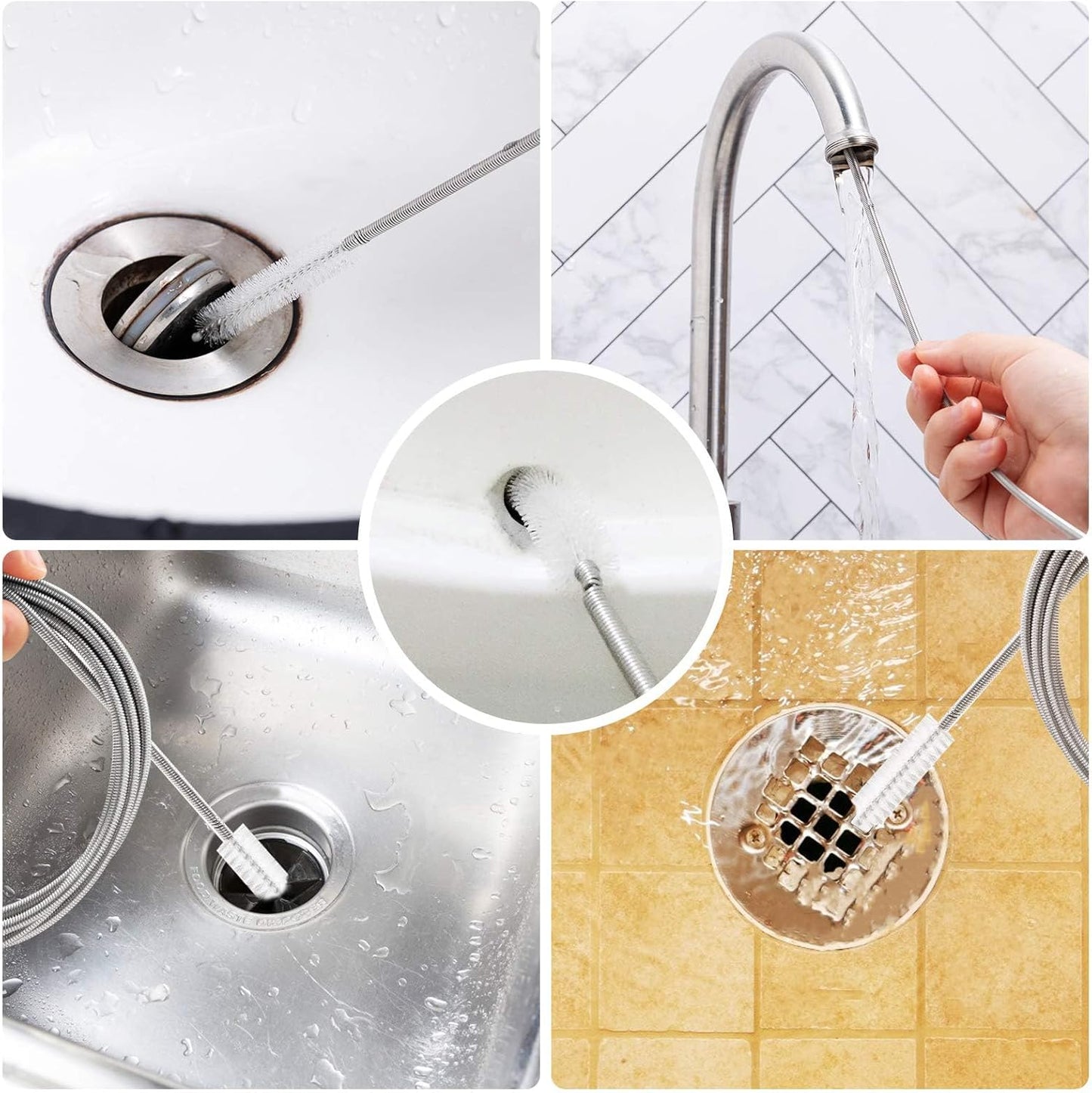 4.92 ft (1.5m) Flexible Drain Cleaning Brush – 2-Pack, Stainless Coil for Car, Fridge, Sinks, Pipes, Hoses, Hair & Grease Clogs