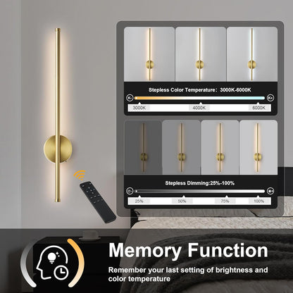 Battery Operated Modern Wall Sconces, Dimmable Wireless Wall Light Set of Two with Remote Control, 3 Color Temperatures, Rechargeable LED Wall Sconce for Bedroom, Living Room, Hallway, 23.6 Inch Brass