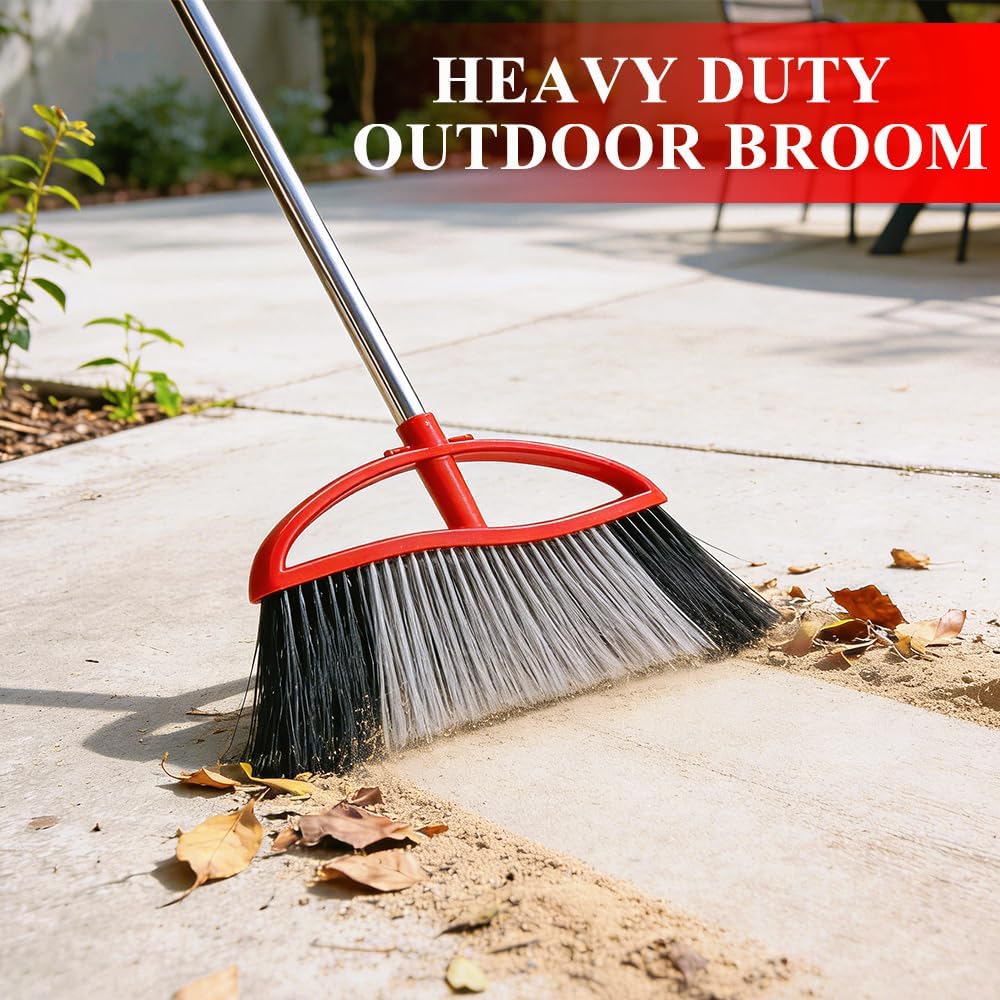 Commercial Heavy Duty Outdoor Broom, 15.7" Extra Wide Angle Broom with 4-Layer Stiff Bristles, Adjustable 38-53.5" Handle for Patio Garage Garden Yard Concrete (Red)