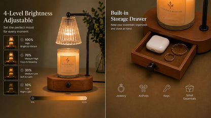 Candle Warmer Lamp with Timer & Dimmer, Natural Wooden Base with Drawer, Gold-Tone Metal Stand, Extra Bulb Included, Candle Warming Lamp, Electric Candle Wax Warmer