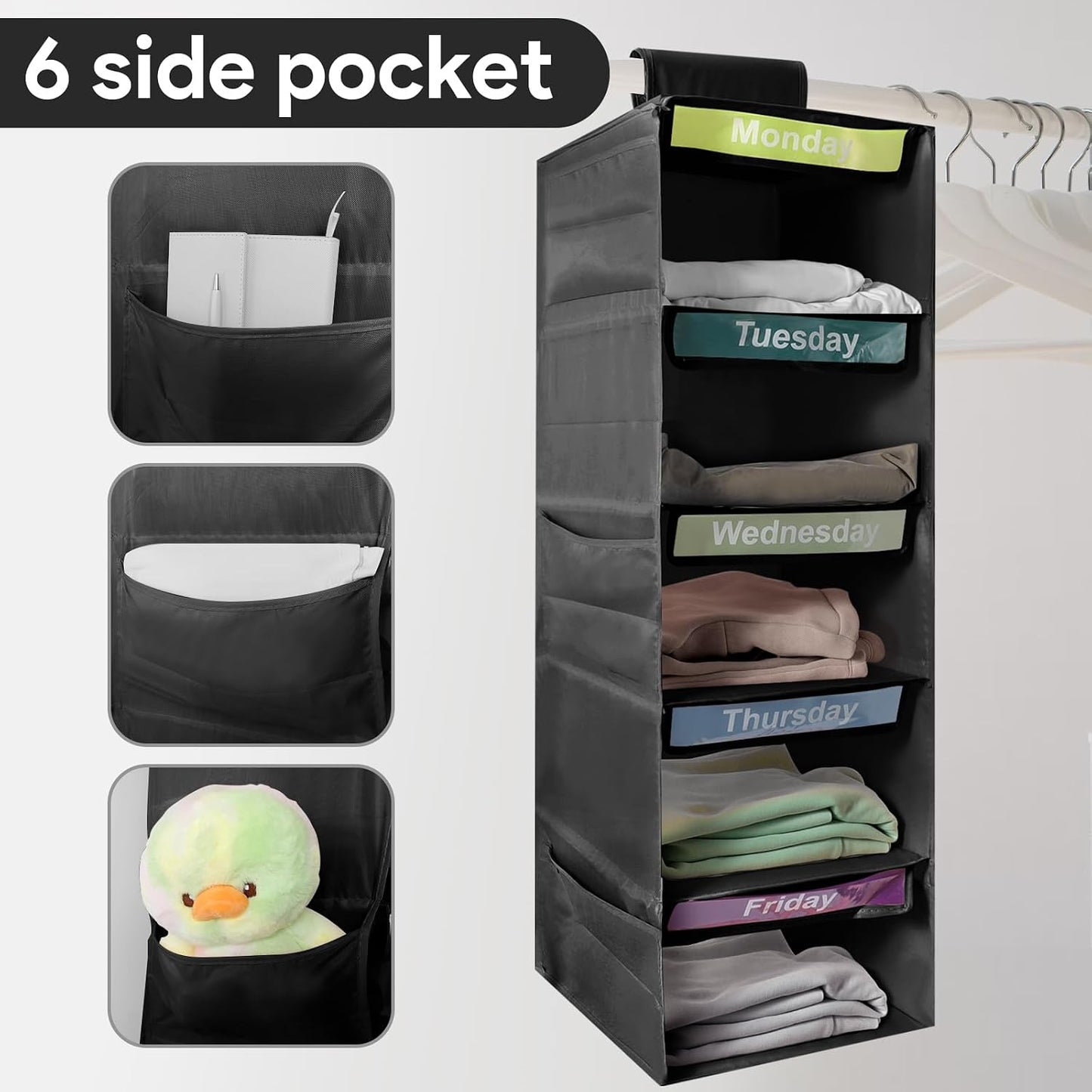 5-Shelf Weekly Clothes Organizer for Kids Days of The Week Hanging Storage Shelves Dorm Room Essential Daily Shelf Hanging Closet Organizer with 6 Side Pockets…