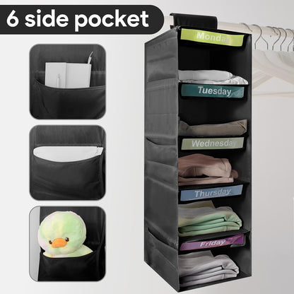 5-Shelf Weekly Clothes Organizer for Kids Days of The Week Hanging Storage Shelves Dorm Room Essential Daily Shelf Hanging Closet Organizer with 6 Side Pockets…
