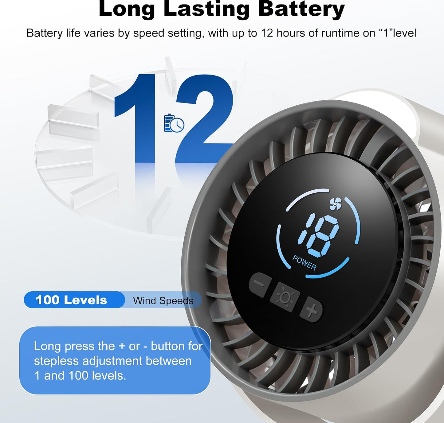 Clip On Rechargeable Fan with LED Light 100 Speed (Need Long Press), 720° Adjustment, Small Protable Desk Fan Quiet Clamp Base 12H Battery, 7 Blades for Dorm Bedroom Travel Camping