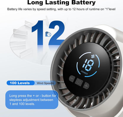 Clip On Rechargeable Fan with LED Light 100 Speed (Need Long Press), 720° Adjustment, Small Protable Desk Fan Quiet Clamp Base 12H Battery, 7 Blades for Dorm Bedroom Travel Camping