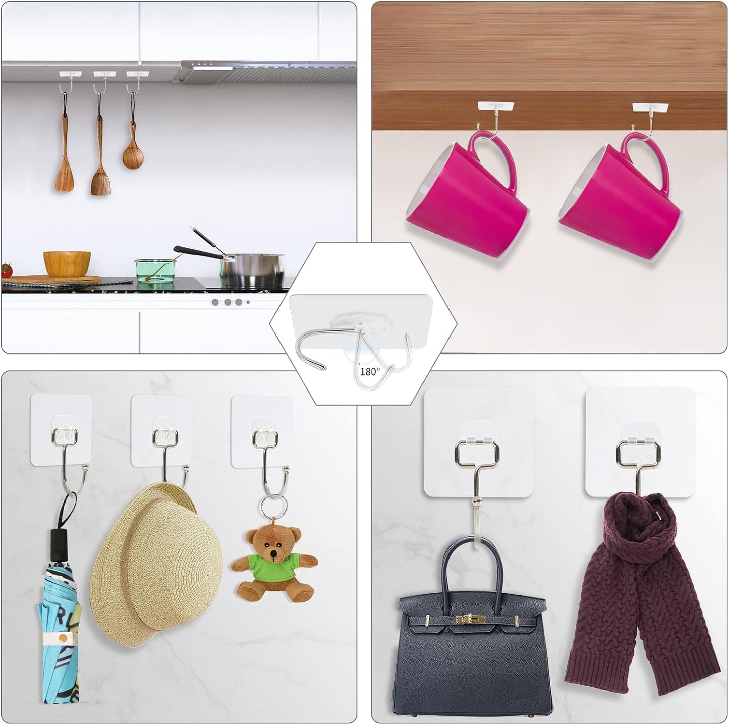 30 Packs Large Adhesive Wall Hooks, Heavy Duty Hold 44lb(Max) Wall Hooks for Hanging, Transparent Waterproof Rustproof Sticky Hooks for Kitchen Bathroom Home Office