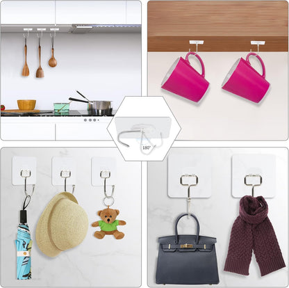 30 Packs Large Adhesive Wall Hooks, Heavy Duty Hold 44lb(Max) Wall Hooks for Hanging, Transparent Waterproof Rustproof Sticky Hooks for Kitchen Bathroom Home Office