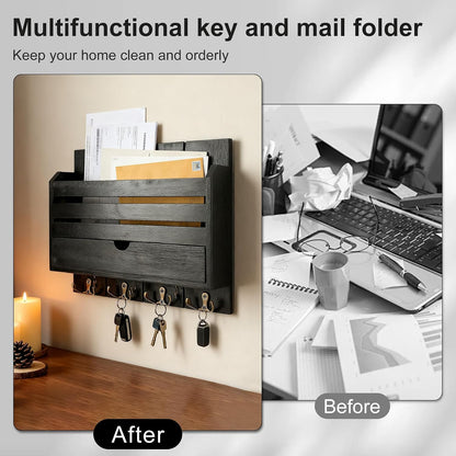 Brown Wall Key Rack Multi Hooks Entryway Storage Box | Entryway Wall Decor Key and Mail Rack, Functional Storage Solution for Bedroom, Office & Apartment