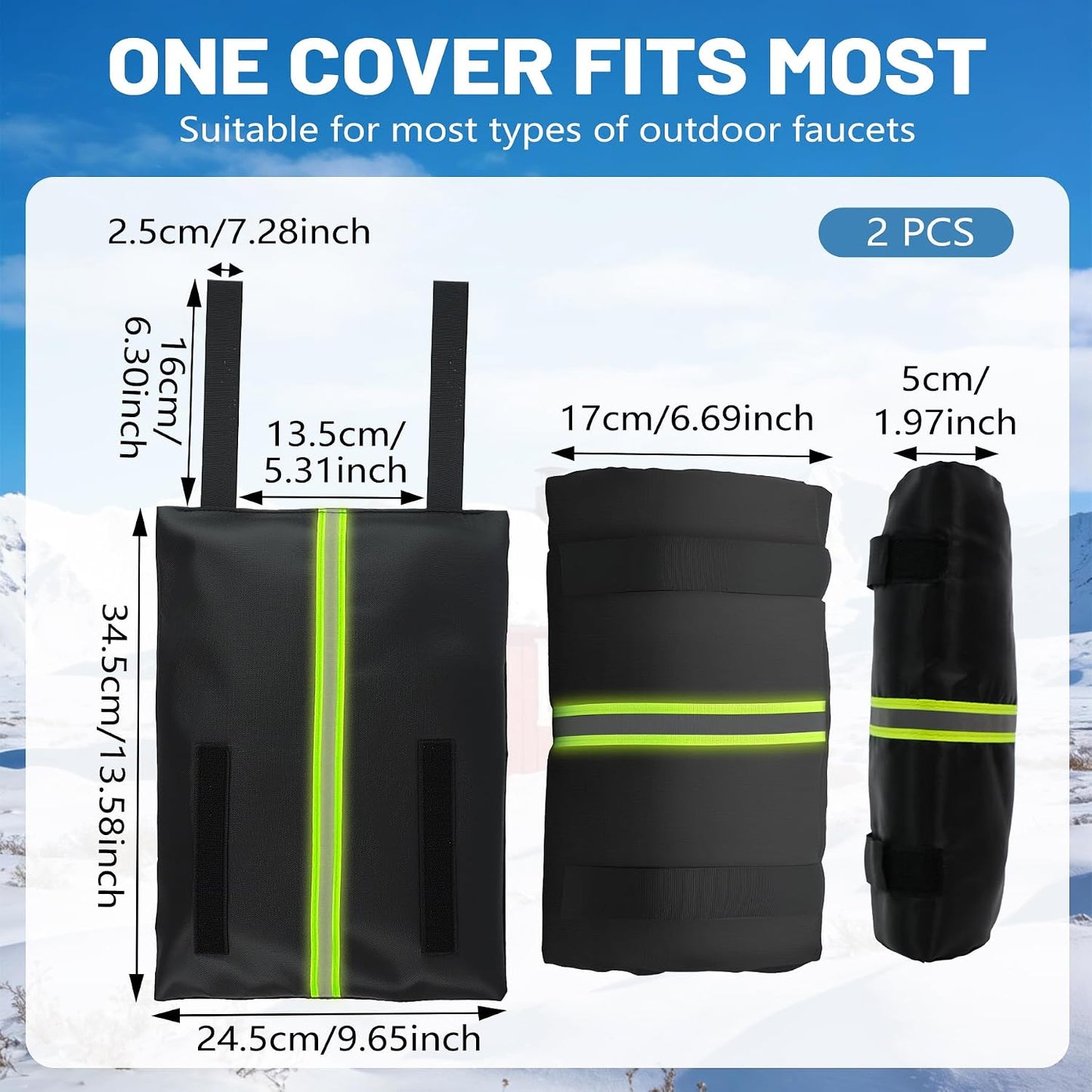 Outdoor Faucet Covers for Winter,7.28" W x 10.35" H Faucet Covers with 420D Waterproof Oxford Fabric, Reflective Strips (Black, 2 Pcs)