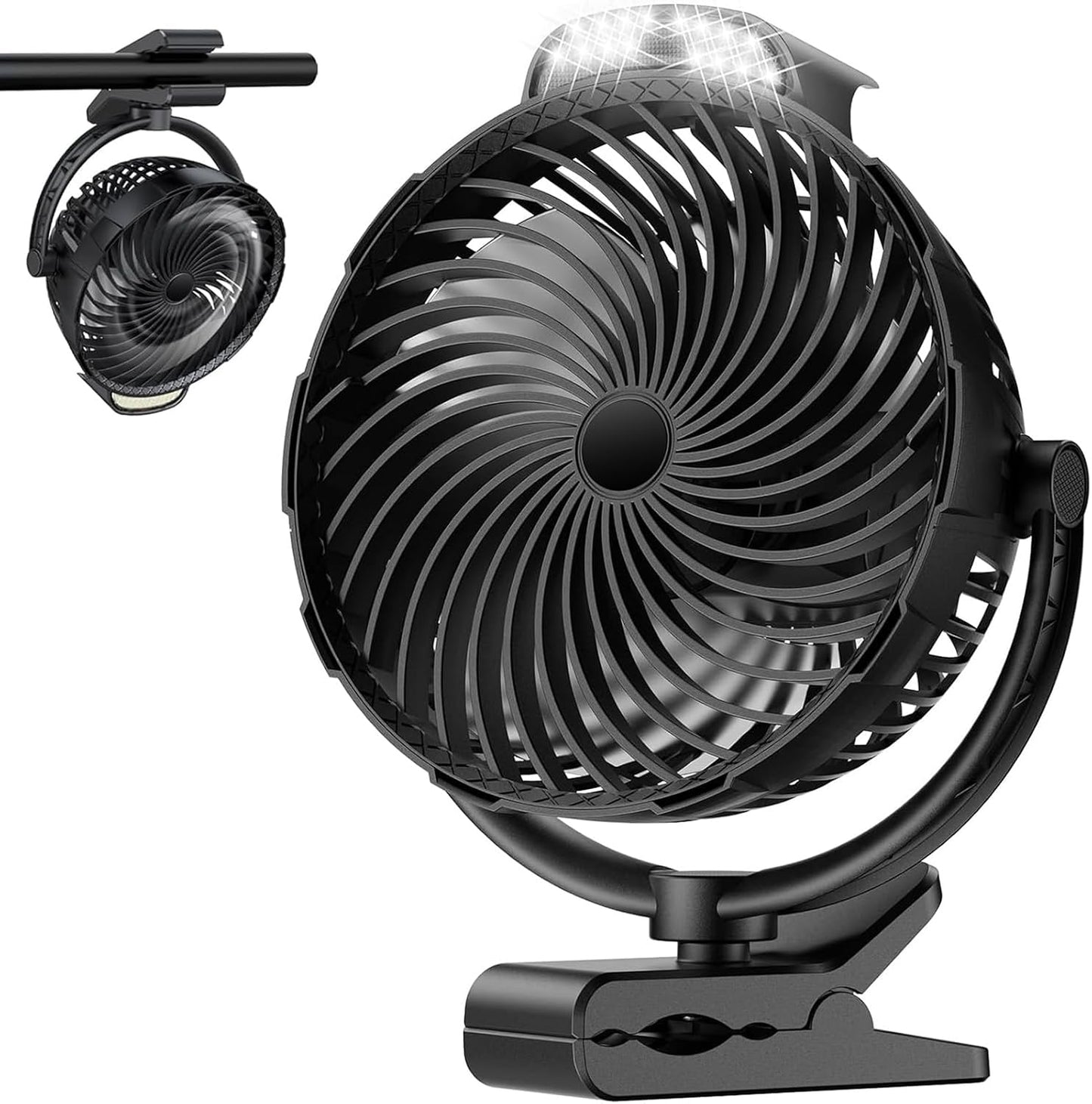 8-Inch Rechargeable Clip on Fan, 10000mAh Portable Camping Fan with LED Light, 9-Speed Ultra Quiet Airflow, 30H Runtime, 360° Rotating Desk Fan for Golf Cart, Bedroom, Office, Dorm, Black