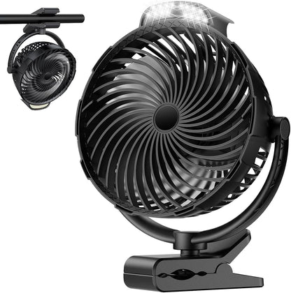 8-Inch Rechargeable Clip on Fan, 10000mAh Portable Camping Fan with LED Light, 9-Speed Ultra Quiet Airflow, 30H Runtime, 360° Rotating Desk Fan for Golf Cart, Bedroom, Office, Dorm, Black