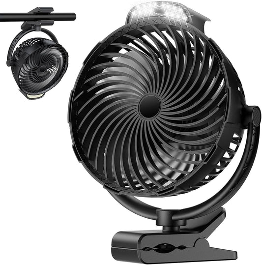 8-Inch Rechargeable Clip on Fan, 10000mAh Portable Camping Fan with LED Light, 9-Speed Ultra Quiet Airflow, 30H Runtime, 360° Rotating Desk Fan for Golf Cart, Bedroom, Office, Dorm, Black