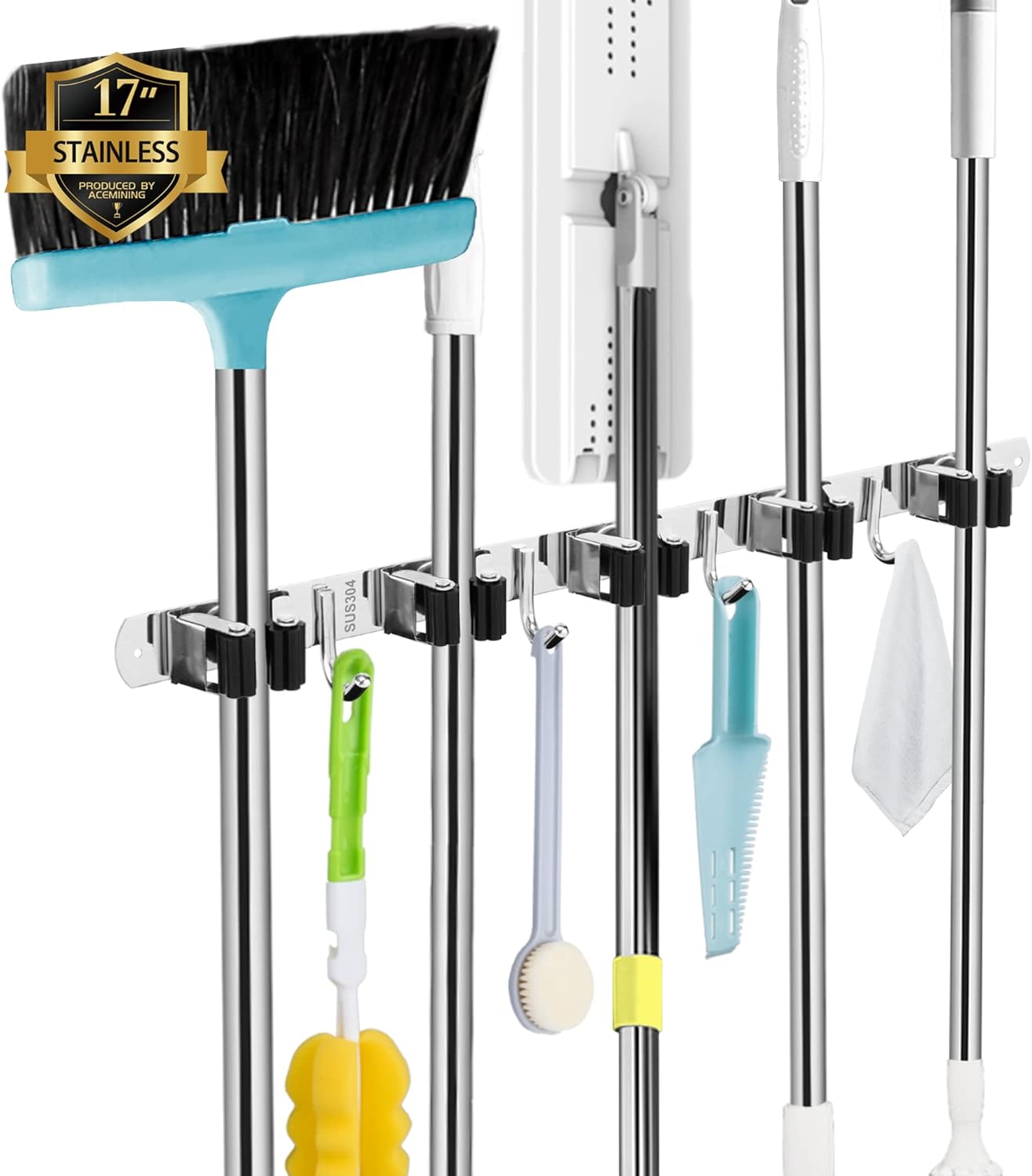 AceMining Broom Holder Wall Mount, 3 Racks 4 Hooks Heavy Duty Mop Organizer | Mop Holder Wall Mount and Broom Hanger for Garage, Laundry Room, Kitchen and Utility Storage