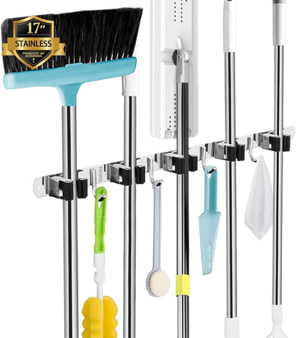 AceMining Broom Holder Wall Mount, 3 Racks 4 Hooks Heavy Duty Mop Organizer | Mop Holder Wall Mount and Broom Hanger for Garage, Laundry Room, Kitchen and Utility Storage