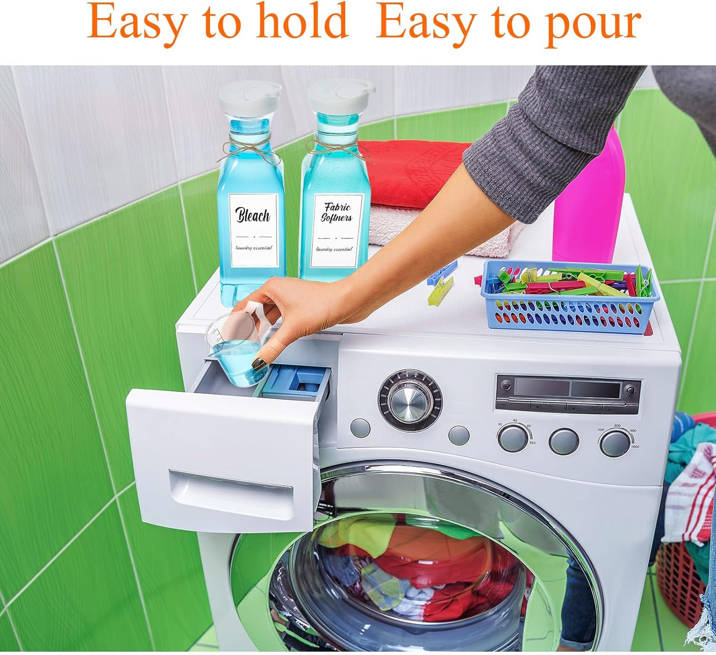 Hushee 4 Pcs Laundry Detergent Dispenser Bottle 51oz with Measure Cup Labels for Laundry Detergent Soap Fabric Softener Bleach Scent Booster Beads Bottle for Laundry Room Decor