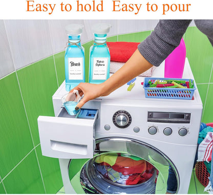 Hushee 4 Pcs Laundry Detergent Dispenser Bottle 51oz with Measure Cup Labels for Laundry Detergent Soap Fabric Softener Bleach Scent Booster Beads Bottle for Laundry Room Decor