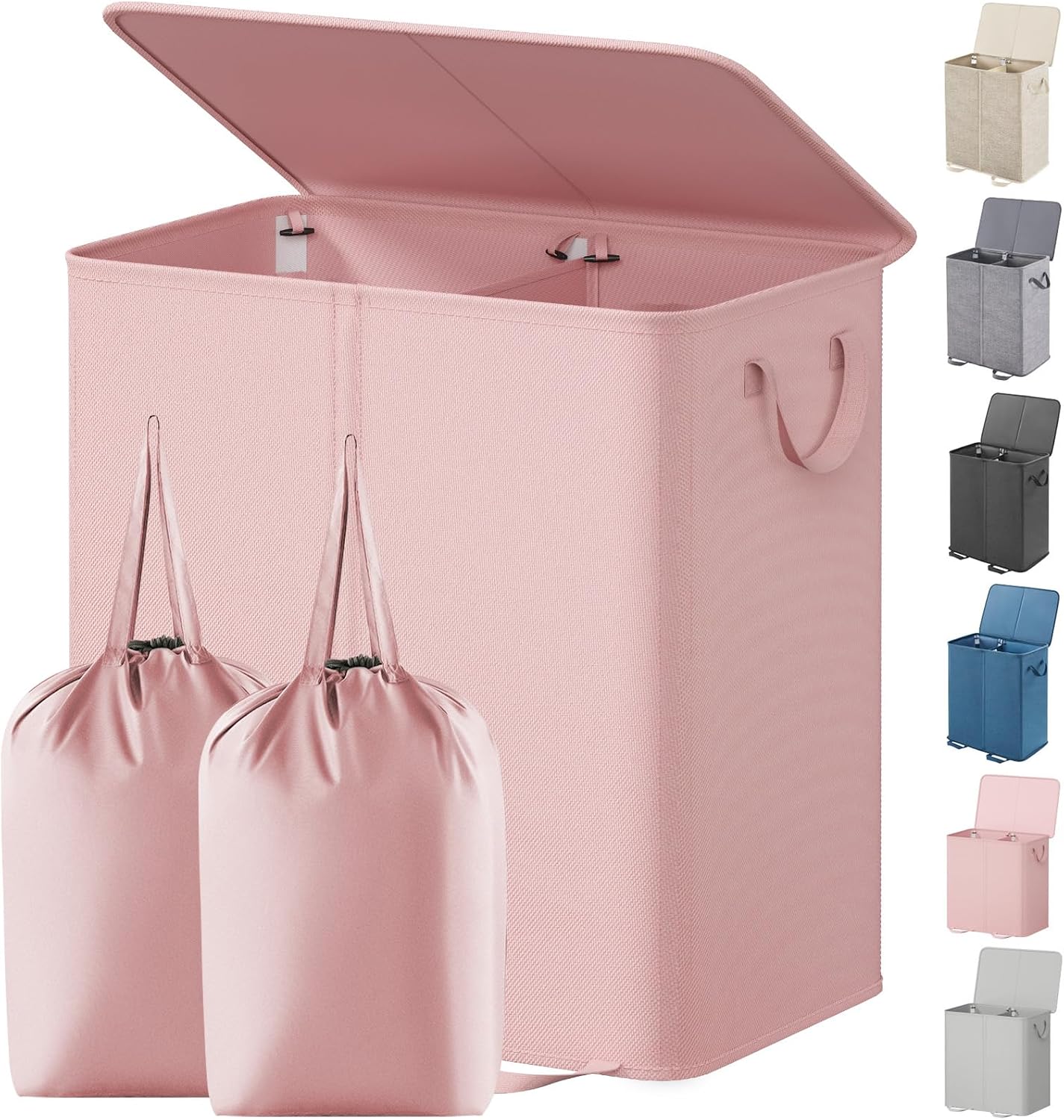Lifewit Double Laundry Hamper with Lid and Removable Laundry Bags, Large Collapsible 2 Dividers Dirty Clothes Basket with Handles for Bedroom Laundry Room Closet Bathroom College, 136L Beige