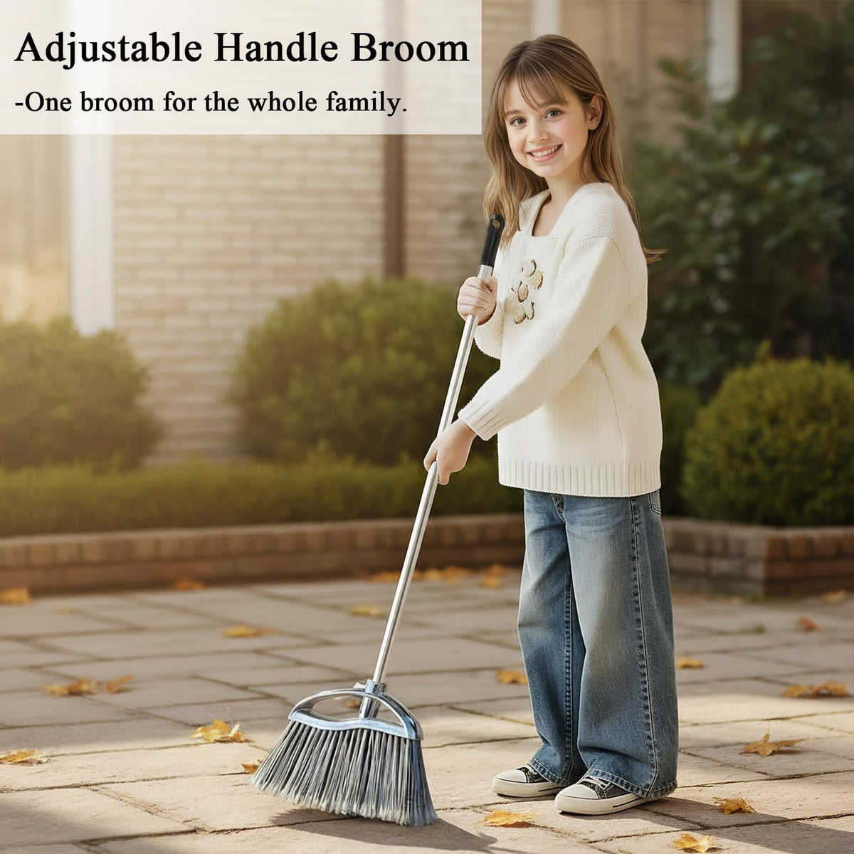 Stand Up Metal Dustpan & Stiff Bristle Broom Set–Heavy Duty for Yard, Patio | No-bend stand up design / Heavy duty metal dustpan with teeth / 4-layer stiff Bristle broom / For outdoor floor sweeping