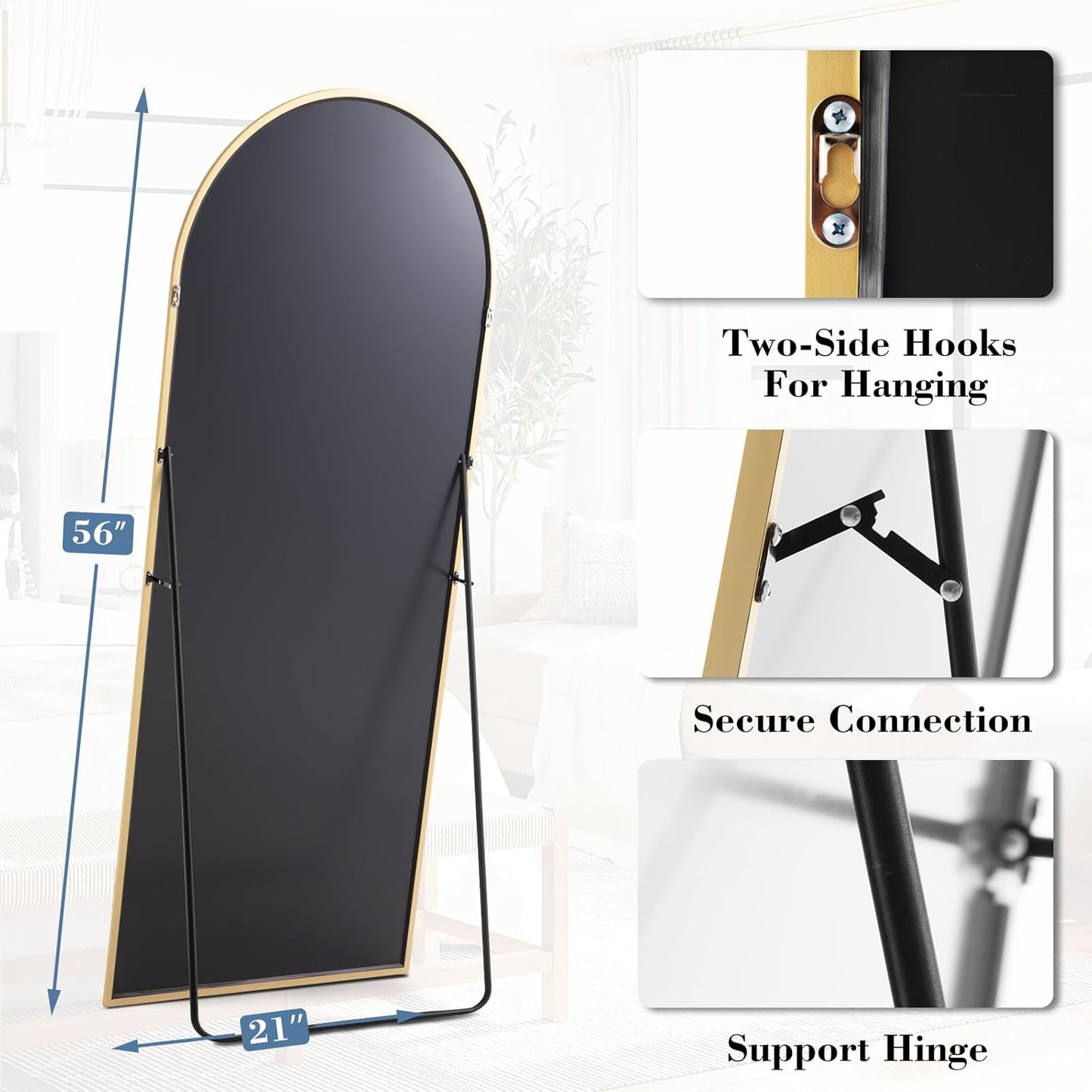 DUMOS 64"x21" Arched Full Length Floor Mirror, Full Body Mirror with Stand, Shatterproof Tempered Glass, Modern Aluminum Alloy Frame, Free Standing or Leaning for Home Decor, Gold