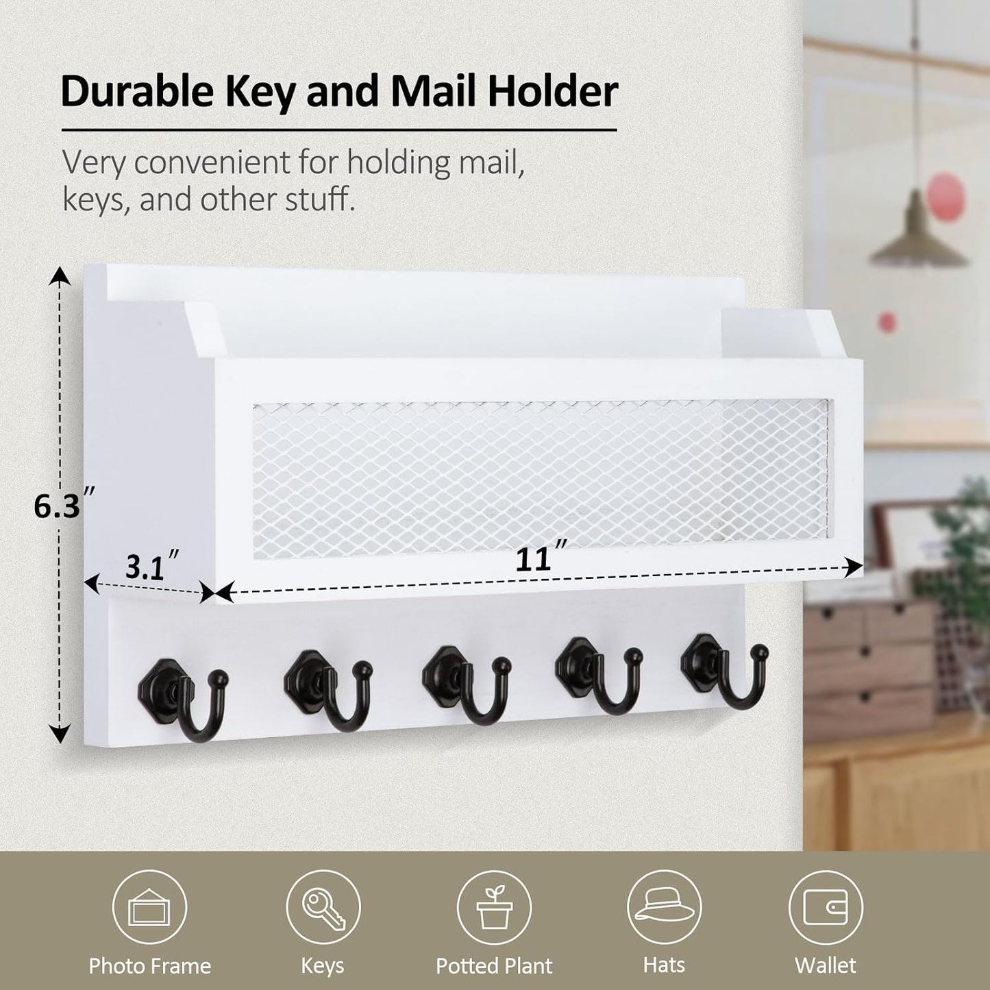 Nekon Mail and Key Holder for Wall Decorative, 11 Inch Wooden Wall Key Organizer with 5 Key Hooks, Wall Mount Storage Shelf for Entryway Hallway (Brown)