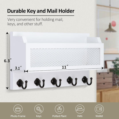 Nekon Mail and Key Holder for Wall Decorative, 11 Inch Wooden Wall Key Organizer with 5 Key Hooks, Wall Mount Storage Shelf for Entryway Hallway (Brown)