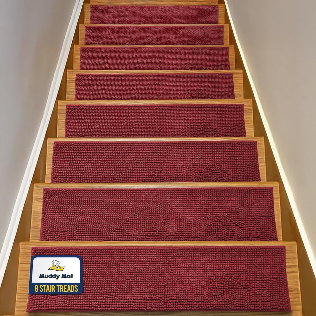 Muddy Mat® Pack of 4 - Soft Chenille Stair Treads Non-Slip Reusable, Super Absorbent Stair Treads for Wooden Steps, Tile & Marble Floor, Easy to Install & Machine Washable - Brown 30'' x 7''