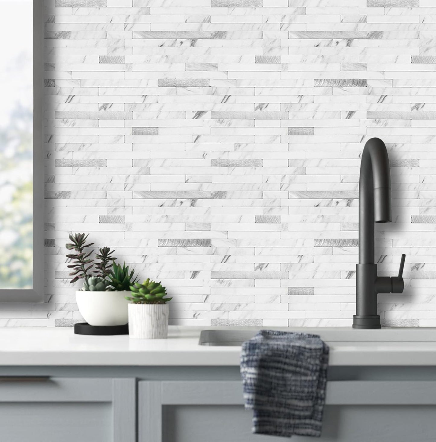 AULIGET 20 Sheets Peel and Stick Backsplash, Black & Grey Wood Look PVC Mixed Metal Stick on Backsplash Tiles for Kitchen