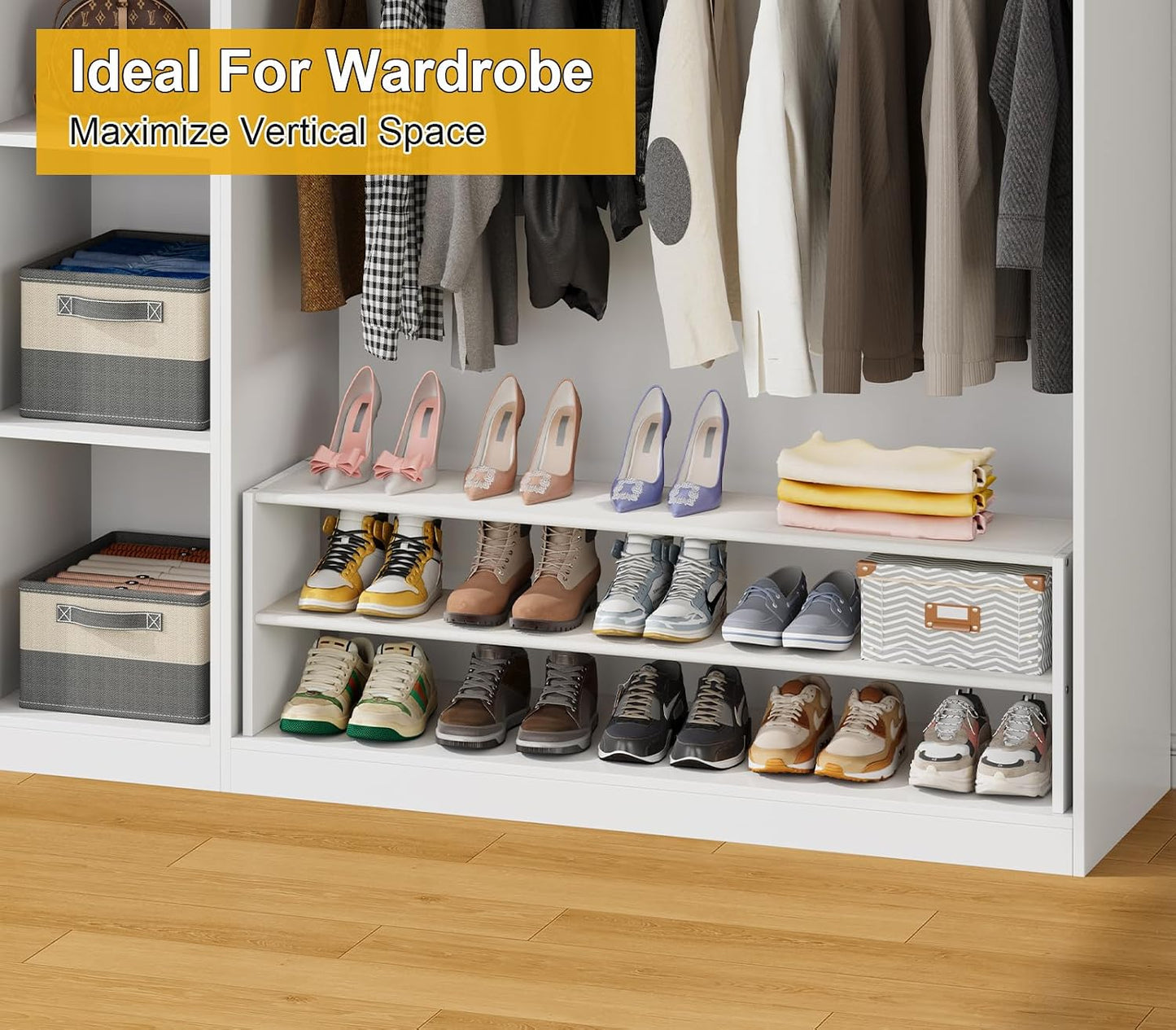 Cidaziya 2 Tier Small White Shoe Rack for Closet, Stackable Shoe Shelf Organizer for 9-12 Pairs of Shoes, Portable Wood and Cloth Structure, Small Shoe Storage Organizer, Size 28.5"* 11" * 13"