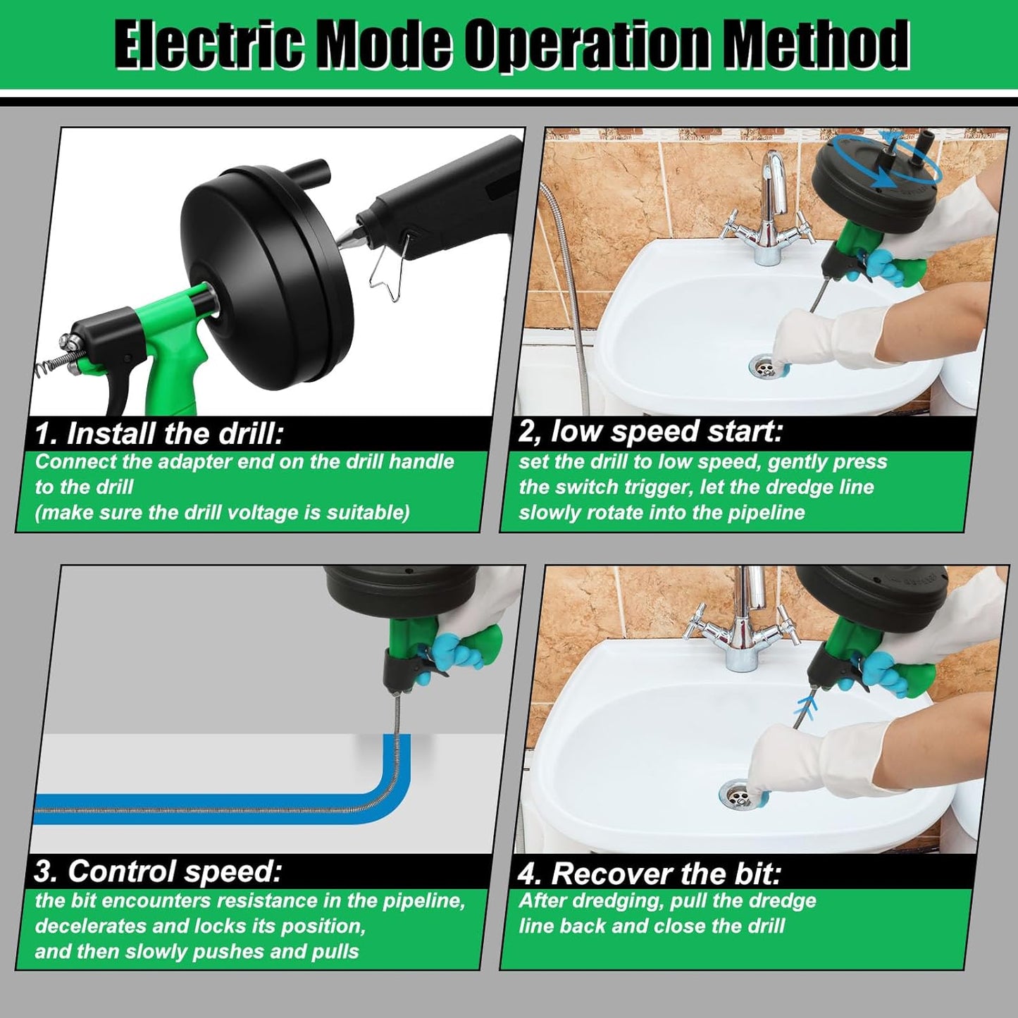 50 Ft Drain Snake, Fast Unclog Snake, Manual & Electric Plumbing Snaker for Shower Sink, Toilet and Kitchen, Drain Auger 50 ft Comes with Gloves and Bag, 1/4 Inch, Green