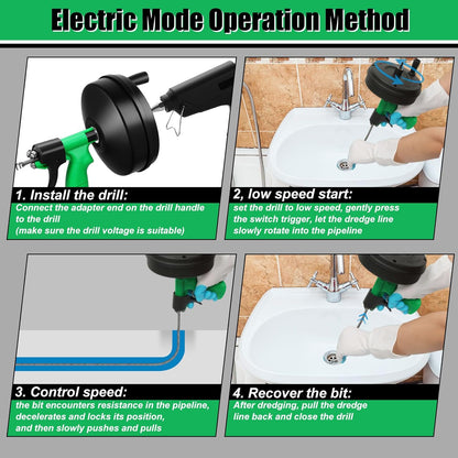 50 Ft Drain Snake, Fast Unclog Snake, Manual & Electric Plumbing Snaker for Shower Sink, Toilet and Kitchen, Drain Auger 50 ft Comes with Gloves and Bag, 1/4 Inch, Green
