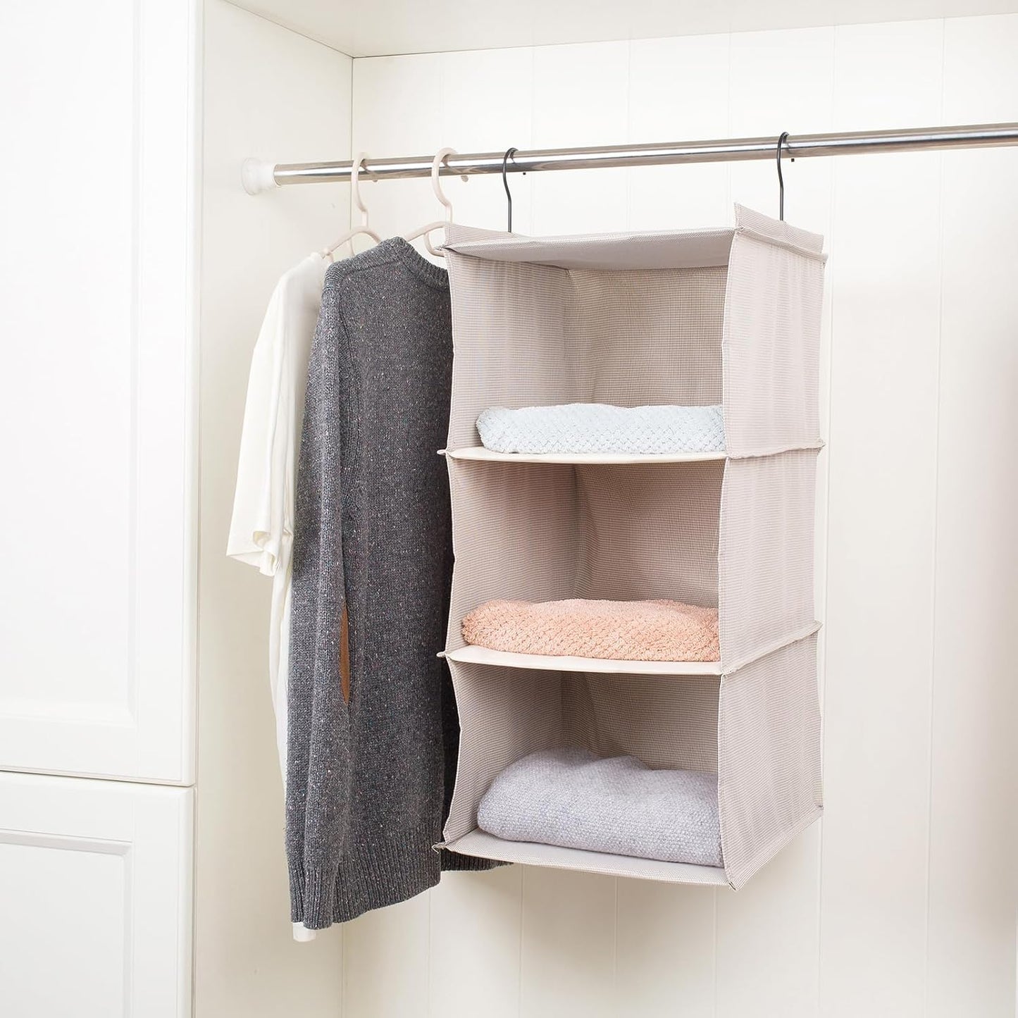 Hanging Closet Organizer 3-Shelf, Oxford Fabric Wardrobe Storage, Gray | Easy-mount foldable design holds clothes, handbags, shoes & accessories; washable Oxford fabric, sturdy and space-saving.