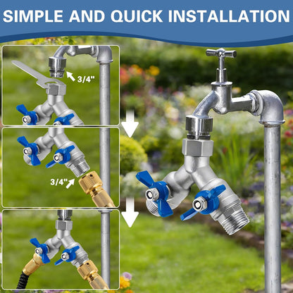 304 Stainless Steel Garden Hose Splitter 2 Way, Heavy Duty 3/4" GHT Y Hose Splitter with Shut-Off Valves, Full Flow Outdoor Faucet Connector with Wrench