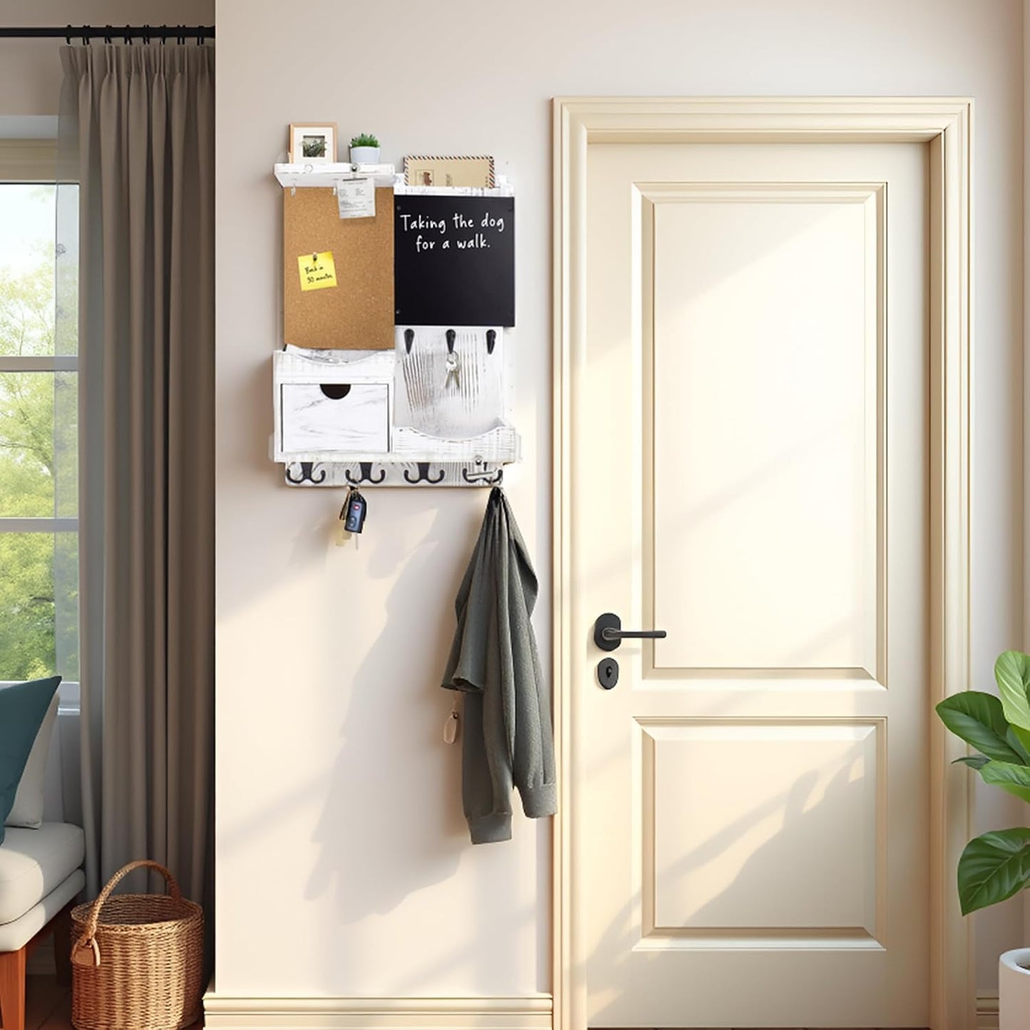 Key Holder for Wall Mount with Shelf and Mail Organizer, Key and Mail Holder with 16 Hooks, Farmhouse Entryway Organizer, Home Decor Rack (Pine Wood, Black)