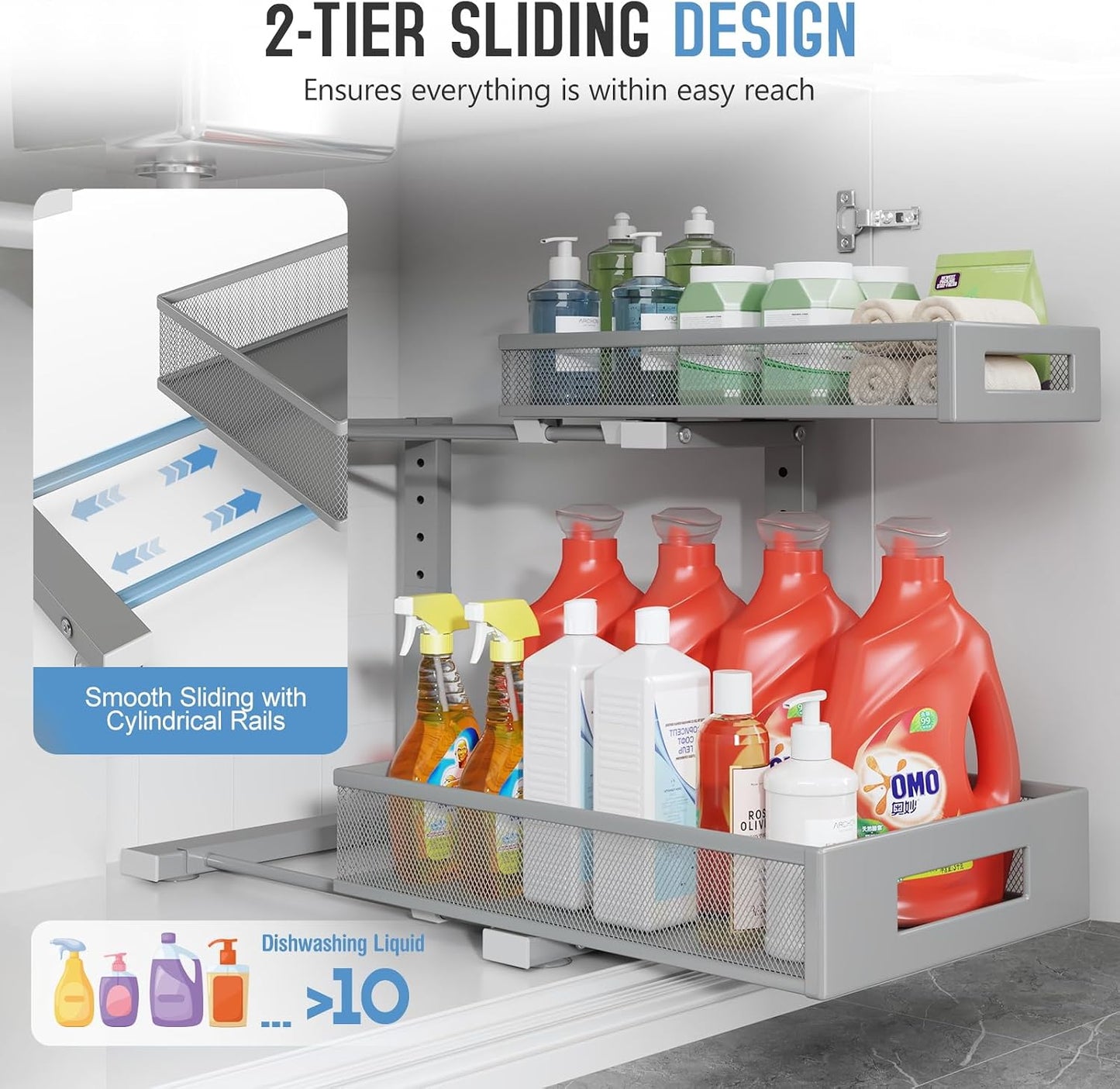 2-Pack Under Sink Storage Organizer, Large 2-Tier Elegant Mesh Pull Out Shelf for Kitchen and Bathroom Cabinet Organization, L-Shaped and Adjustable Height Design,Patent Pending-Black
