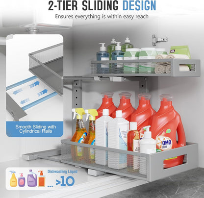 2-Pack Under Sink Storage Organizer, Large 2-Tier Elegant Mesh Pull Out Shelf for Kitchen and Bathroom Cabinet Organization, L-Shaped and Adjustable Height Design,Patent Pending-Black