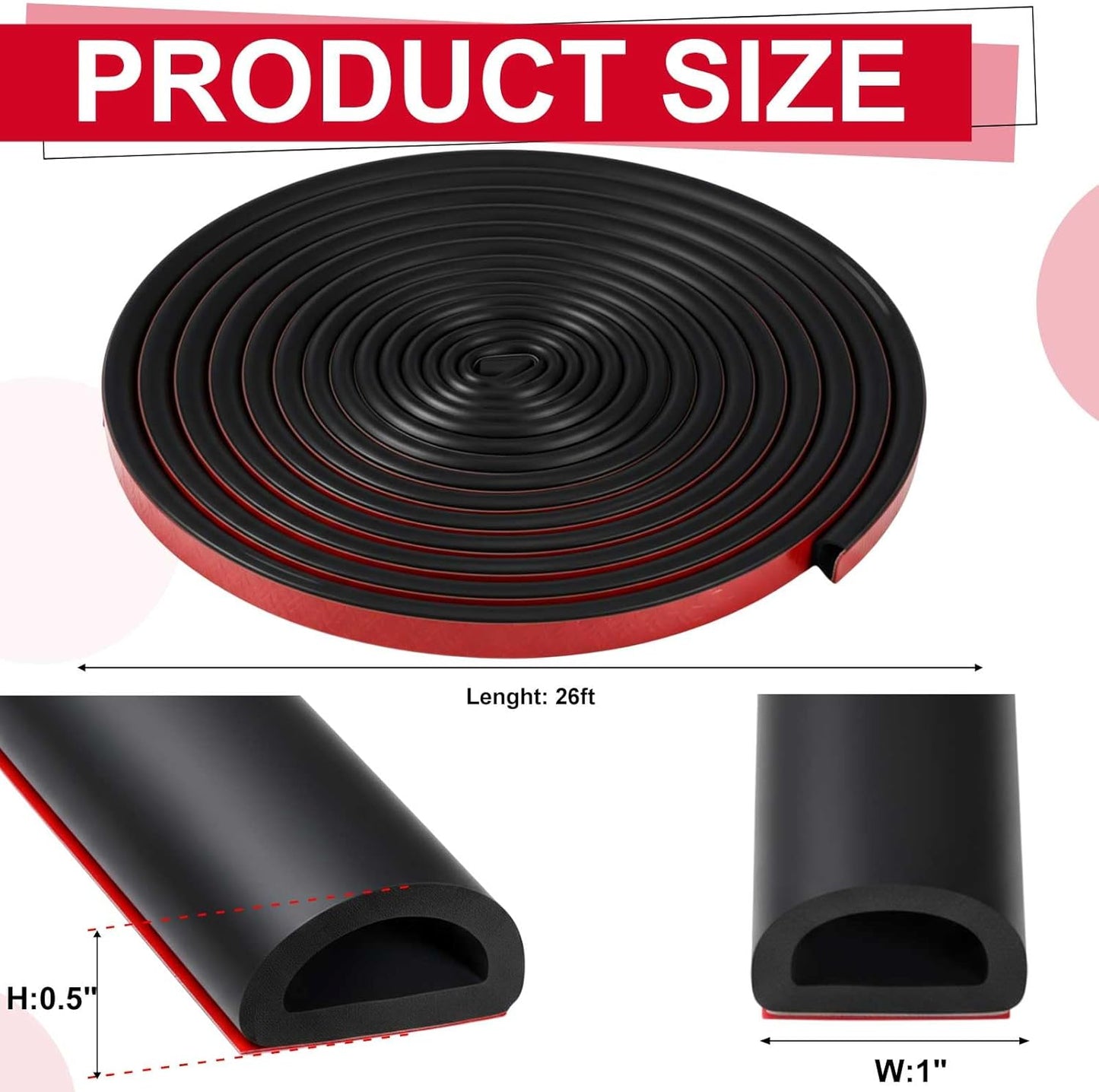 Pangda 13ft Foam Rubber D Shape Seal Strip 1" W x 0.5" H Self Adhesive EPDM Rubber Weather Stripping RV Slide Out Seal Heavy Duty Automotive Weather Stripping for Car Truck RV Boat Home