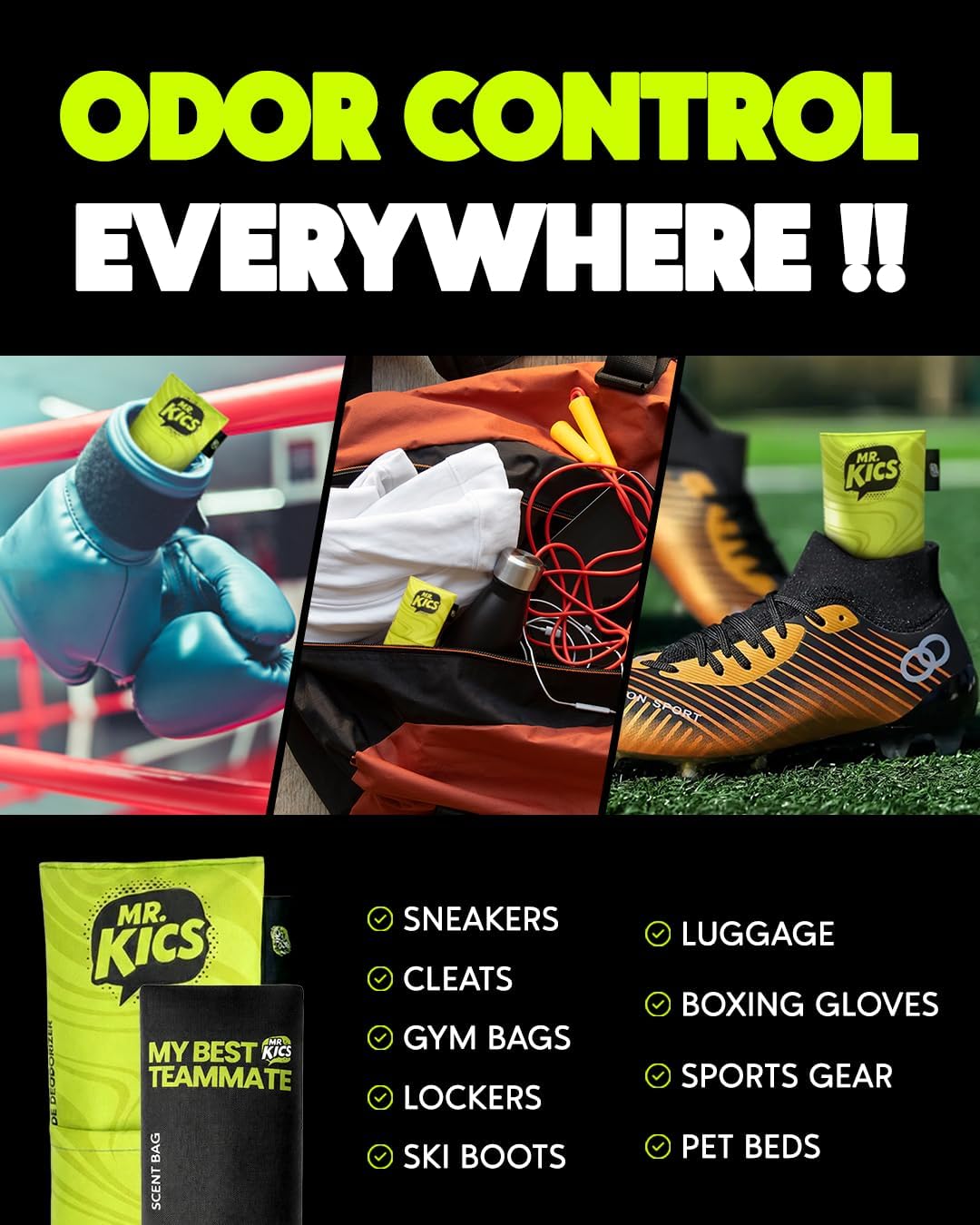MR.KICS - Shoe Deodorizer Insert, Activated Charcoal Odor Eliminator, Moisture Absorber for Shoes, Gym Bags, Boxing Gloves, Cleats, Sports Gear - XL 2-Pack