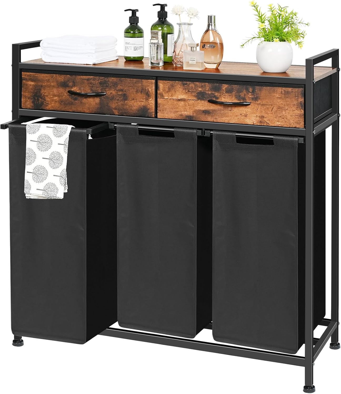 Laundry Hamper 3 Section, 150L Rolling Laundry Sorter Basket with 2 Shelves and 2 Drawers, 3 Compartment Clothes Organizer Cart with Wheels, Pull-Out Bags for Laundry Room, Bathroom, Bedroom