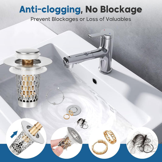 Bathroom Sink Drain Strainer, Adoric 2 Pack Universal Pop-Up Sink Stopper Hair Catcher, Anti-Clog Stainless Steel Drain Filter Basket, Removable Sink Drain for Bathroom Sink Stopper