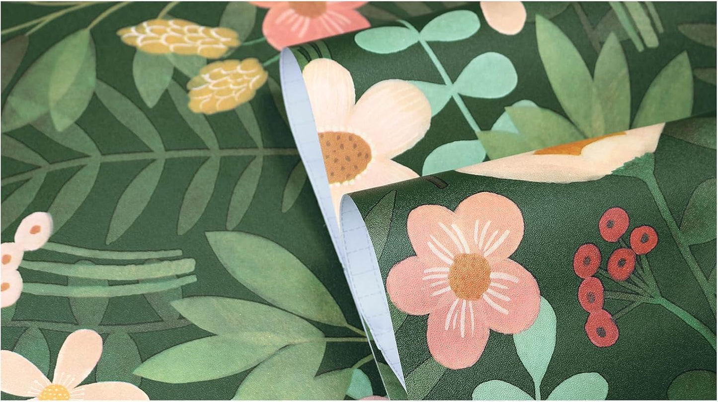 HAOKHOME Floral Peel and Stick Wallpaper Boho Vintage Wall Paper Removable for Bathroom Nursery Beige/Pink/Red Contact Paper 17.3in x 9.8ft