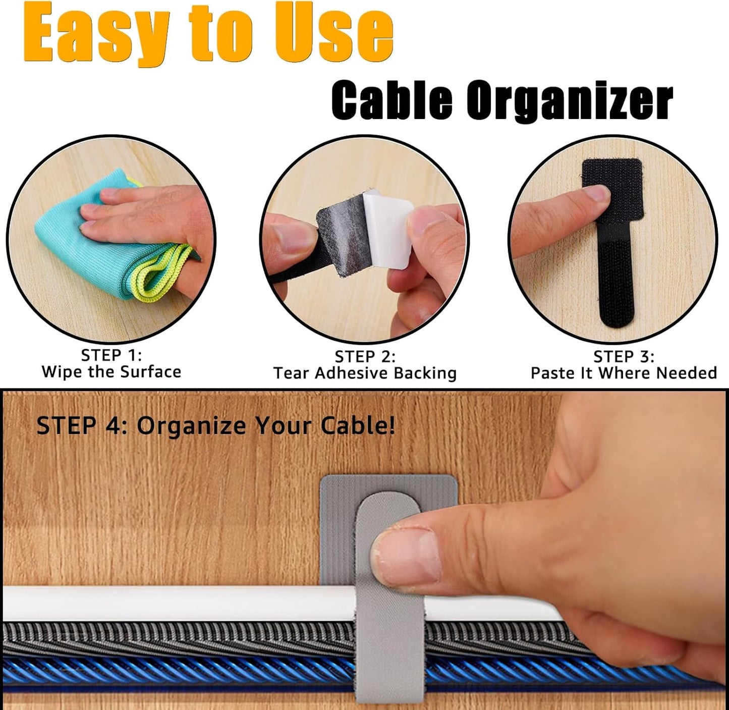 80PCS Hook and Loop Cable Straps, Cable Management Under Desk, Adhesive Cable Ties, Reusable Wire Organizers for Cords, Cords Management, Computer Accessories for Desk, Home Office Essentials, Gray