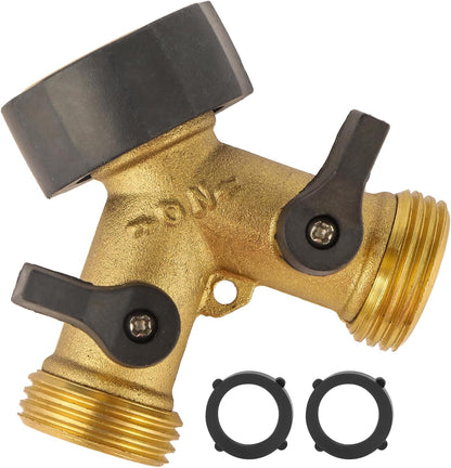 Garden Hose Splitter 2 Way Heavy Duty, Brass Faucet Adapter With Rubber Grip Handle For Gardening Water Hose Shut Off Valve Hose Connector Fittings Outdoor Water Spigot Hose Bib Y Splitter