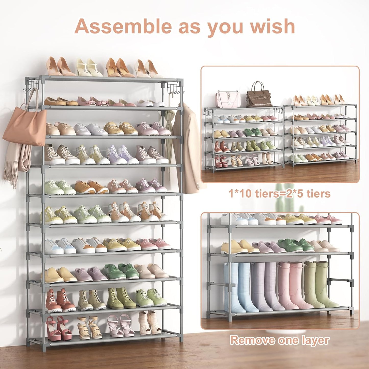 LANTEFUL 10 Tiers Shoe Rack 50 Pairs Large Capacity Tall Shoe Organizer Sturdy Shoe Storage with Two Hooks Space Saving Metal Wide Shoe Rack for Closet, Entryway, Bedroom, Black