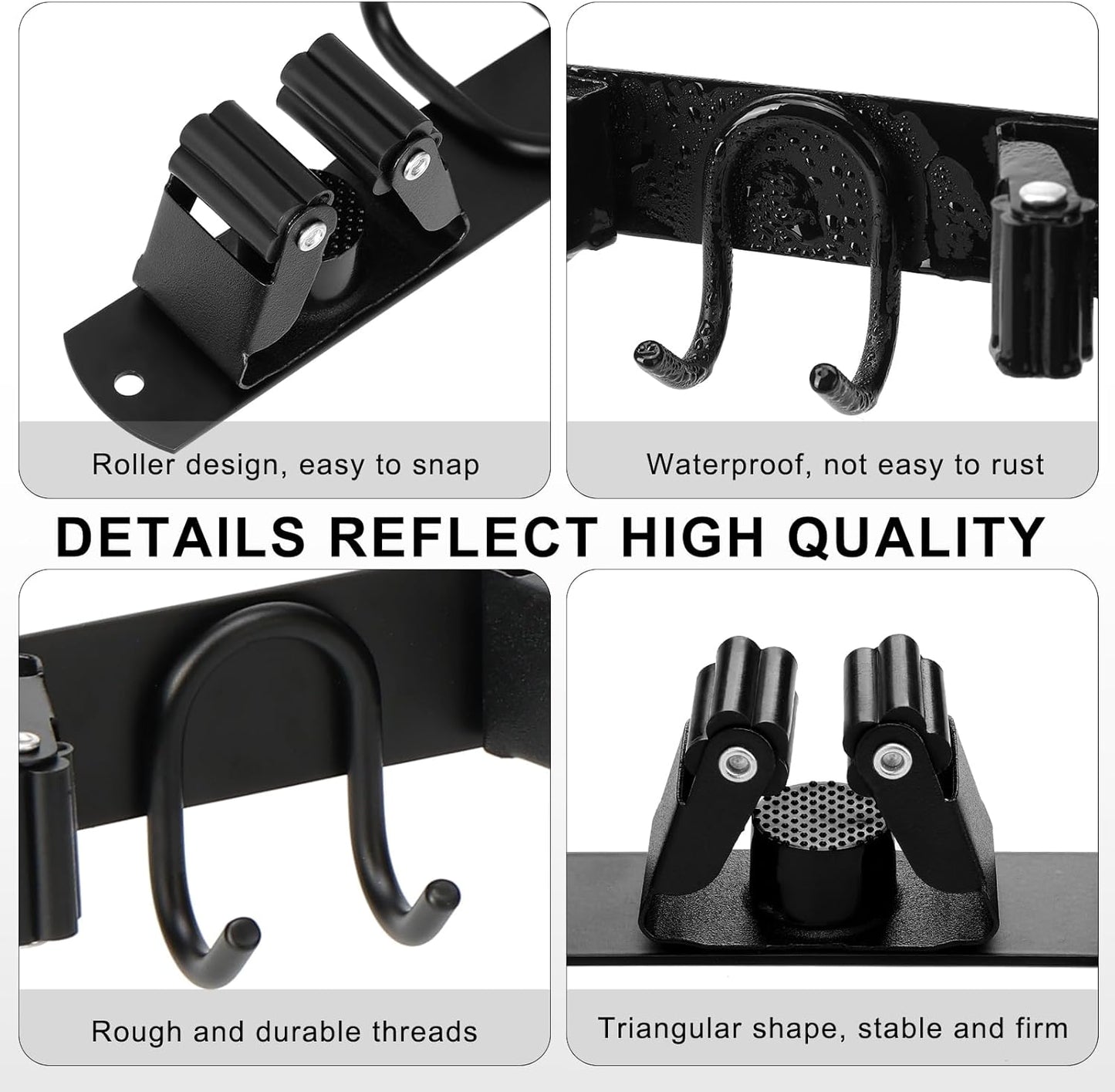 Broom Holder Wall Mount, Stainless Steel Mop Hanger with 4 Slots 6 Hooks, Tool Storage Wall Organizer for Kitchen Garden Garage Laundry Room Bathroom and RV, Black 1-Pack