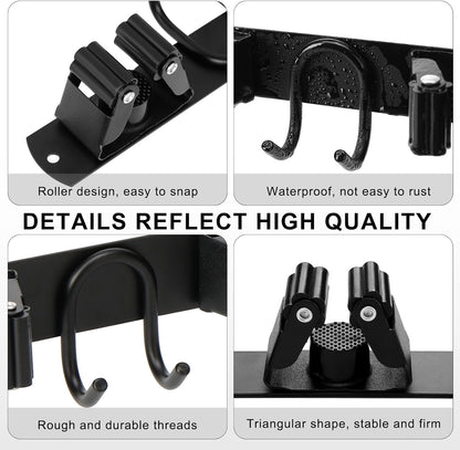 Broom Holder Wall Mount, Stainless Steel Mop Hanger with 4 Slots 6 Hooks, Tool Storage Wall Organizer for Kitchen Garden Garage Laundry Room Bathroom and RV, Black 1-Pack