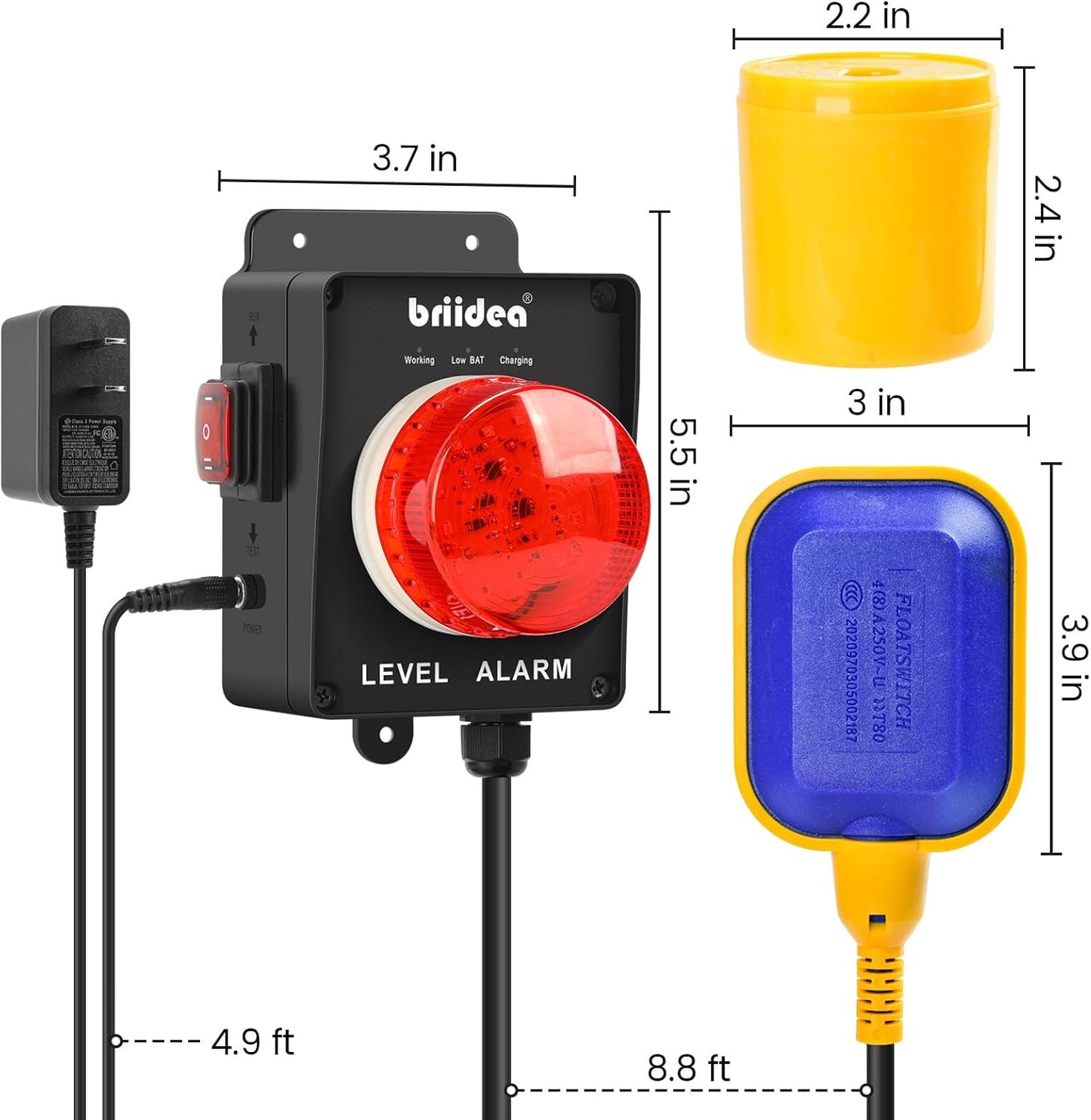 Sump Pump Alarm, Briidea Indoor/Outdoor High Water Septic Tank Alarm with 110dB Loud Alarm and Large LED Indicator, 10ft Level Float Switch, Ideal for Septic Sump Pump Pond Water Tank