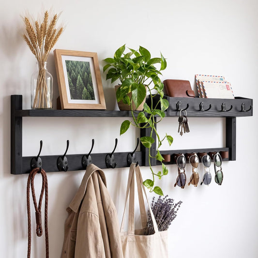 Wooden Key Holder Wall Mount with Shelf, Wall Key Rack and Mail Holder with 9 Key Hooks and 6 Sunglasses Holders, Farmhouse Key Hanger for Entryway Living Room Bedroom, Black
