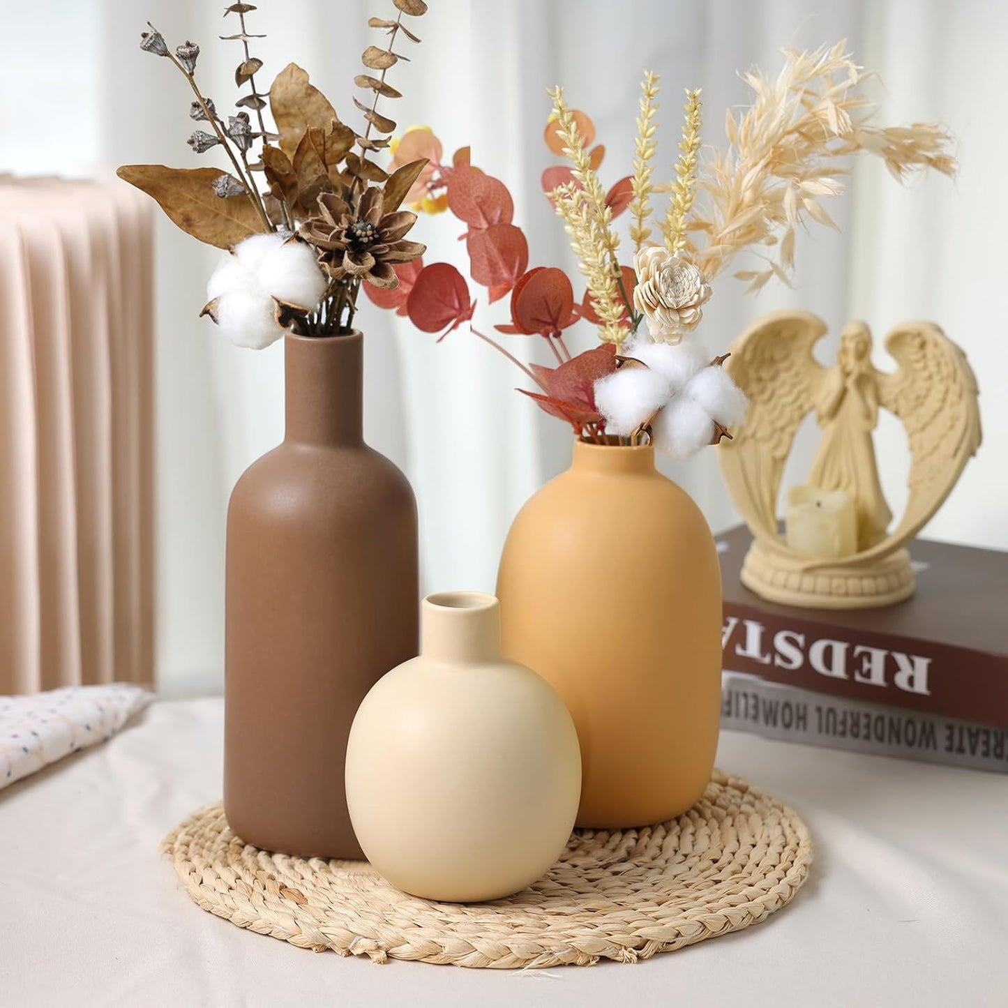 CUCUMI Ceramic Vase Set of 5, Home Decor Farmhouse Décor Handmade Pottery Vases for Pampas Grass, Dried Fresh Flowers, Table, Living Room, Kitchen, Shelf, Entryway Mantel Neutral Tones