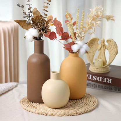 CUCUMI Ceramic Vase Set of 5, Home Decor Farmhouse Décor Handmade Pottery Vases for Pampas Grass, Dried Fresh Flowers, Table, Living Room, Kitchen, Shelf, Entryway Mantel Neutral Tones